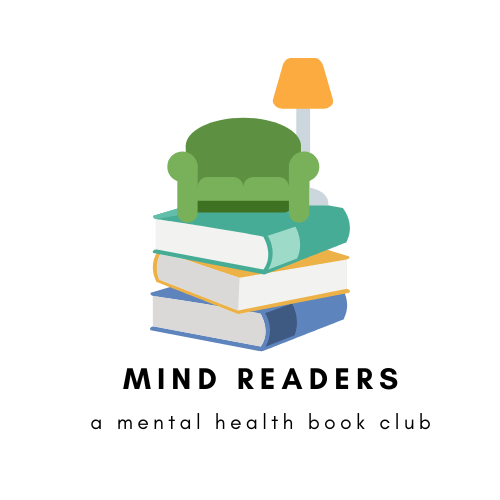 A rough logo featuring a couch and floor lamp resting on three stacked books. The title appears underneath, 'Mind readers: a mental health book club'.