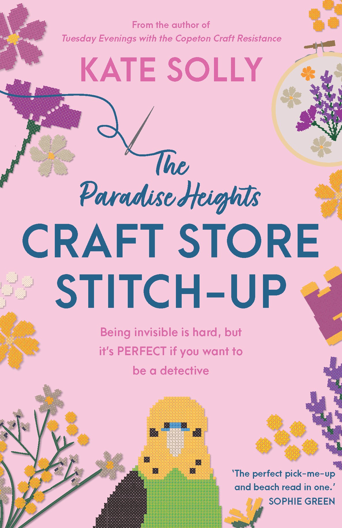 Cover of the The Paradise Heights Craft Store Stitch-Up featuring stylised cross-stitch imagery, including a budgie